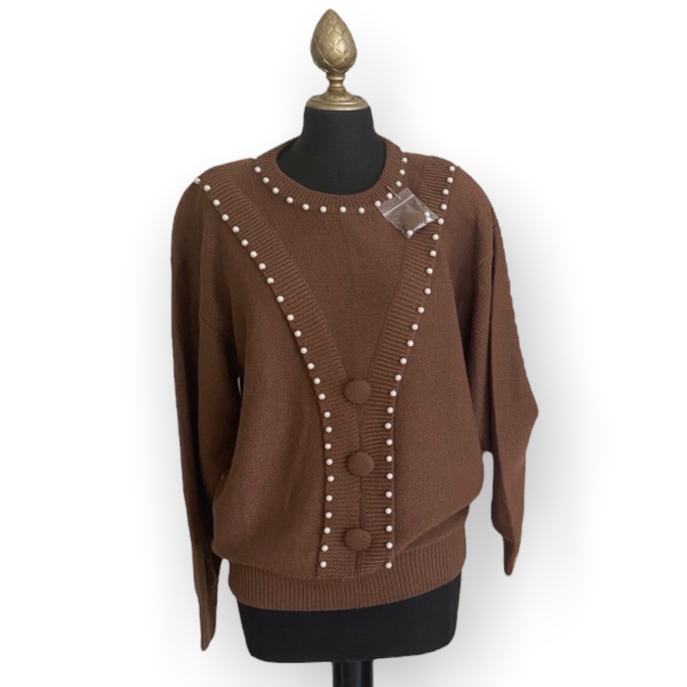 Maurada Brown Vintage Knit Sweater with Faux Pearls Size Large